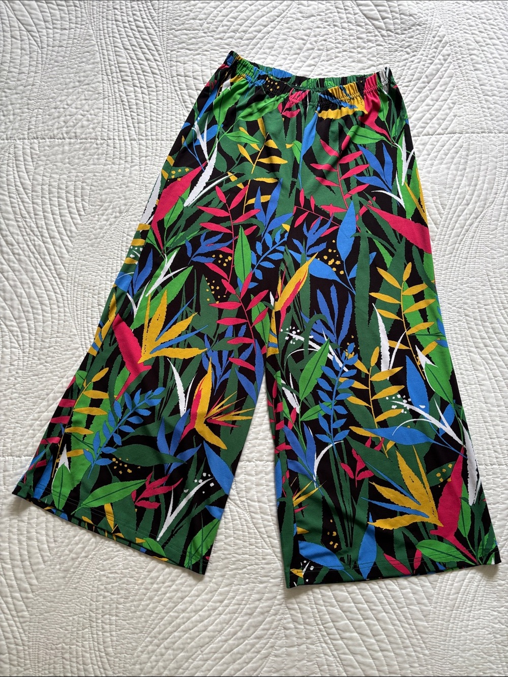 Bob Mackie Tropical Paradise Print Wide Leg Crop Gaucho Knit Pants, Size XXS